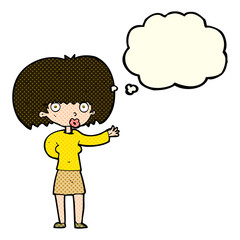 cartoon woman gesturing with thought bubble