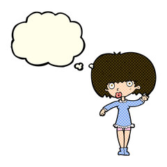 cartoon waving girl with thought bubble