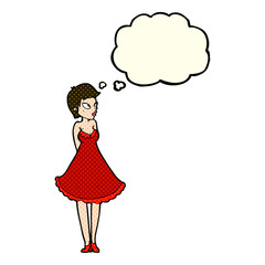 cartoon pretty woman in dress with thought bubble