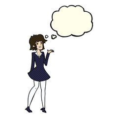 cartoon pretty woman in dress with thought bubble