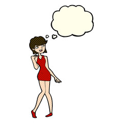 cartoon woman in cocktail dress with thought bubble