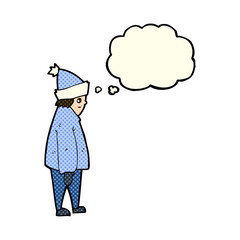cartoon person in winter clothes with thought bubble