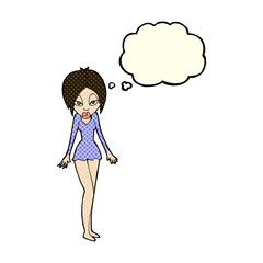 cartoon woman in short dress with thought bubble
