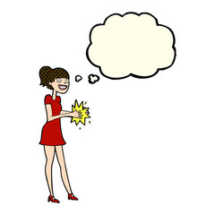 cartoon woman clapping hands with thought bubble