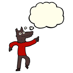 cartoon wolf man with thought bubble