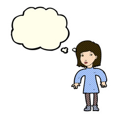 cartoon cautious woman with thought bubble