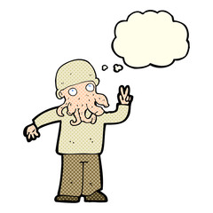 cartoon cool alien with thought bubble