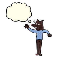 cartoon waving wolf man with thought bubble