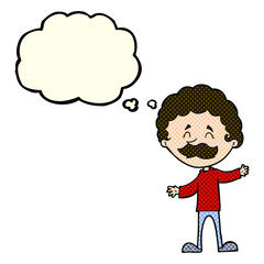cartoon happy man with mustache with thought bubble