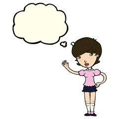 cartoon girl waving with thought bubble