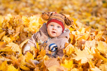 Cute baby in autumn leaves.