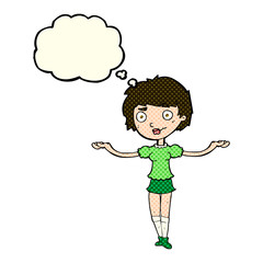 cartoon woman spreading arms with thought bubble