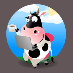 cow on desk chair using computer with a cup of coffee in hand