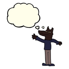 cartoon waving wolf with thought bubble
