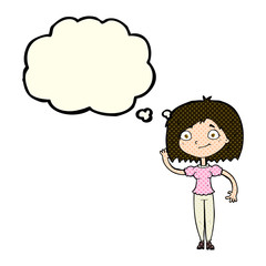 cartoon woman waving with thought bubble