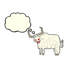 cartoon hairy cow with thought bubble