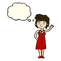 cartoon hippie woman waving with thought bubble