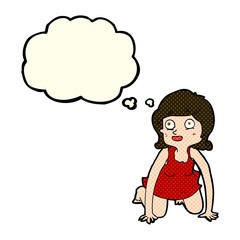 cartoon woman on all fours with thought bubble