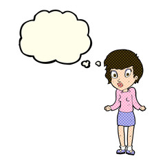 cartoon woman shrugging shoulders with thought bubble