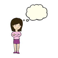 cartoon friendly girl rolling eyes with thought bubble