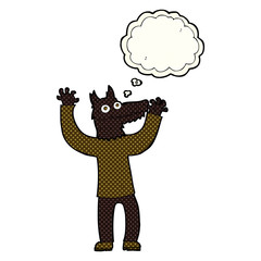 cartoon wolf man with thought bubble