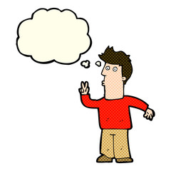 cartoon man giving peace sign with thought bubble