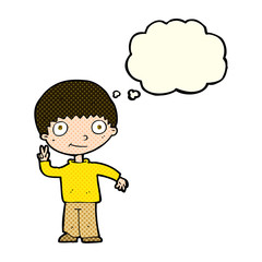 cartoon boy giving peace sign with thought bubble
