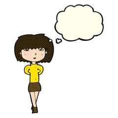 cartoon shy woman with thought bubble
