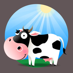 cow standing outside on a sunny day smiling