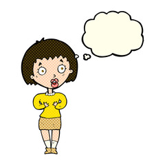 cartoon woman making Who Me? gesture with thought bubble