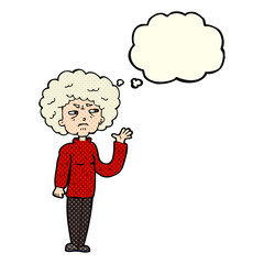 cartoon annoyed old woman waving with thought bubble