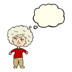 cartoon annoyed old woman with thought bubble