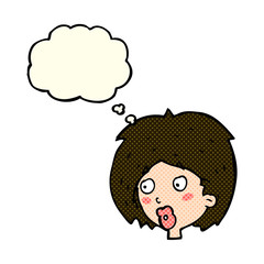 cartoon woman looking with thought bubble