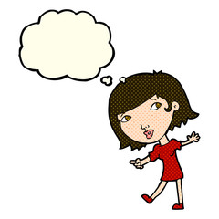 cartoon happy girl gesturing to follow with thought bubble