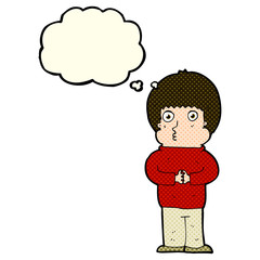 cartoon shy boy with thought bubble