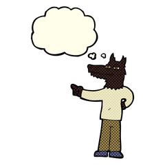 cartoon pointing wolf man with thought bubble