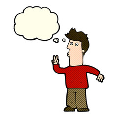 cartoon man signaling with hand with thought bubble