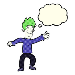 cartoon happy vampire man with thought bubble