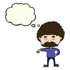 cartoon man with mustache making camp gesture with thought bubbl