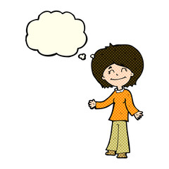 cartoon happy woman with thought bubble