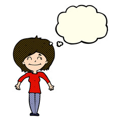 cartoon woman shrugging shoulders with thought bubble