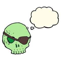 cartoon skull with eye patch with thought bubble