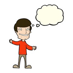 cartoon grinning man with thought bubble