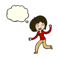 cartoon happy waving girl with thought bubble