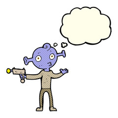 cartoon alien with ray gun with thought bubble