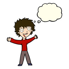 cartoon excited woman with thought bubble