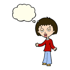 cartoon tired woman with thought bubble