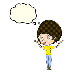 cartoon woman raising hands in air with thought bubble