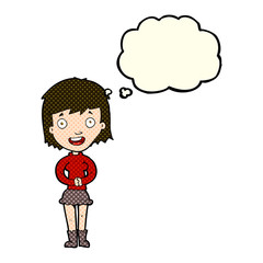 cartoon excited woman with thought bubble