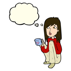 cartoon woman sitting with cup of coffee with thought bubble